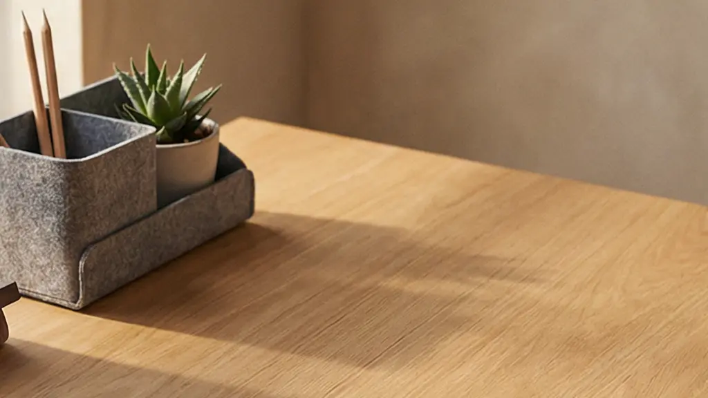 Bureau minimaliste avec un support téléphone en bois et un organiseur design, baignés de lumière naturelle latérale, illustrant l'efficacité au travail grâce aux accessoires de bureau publicitaires.