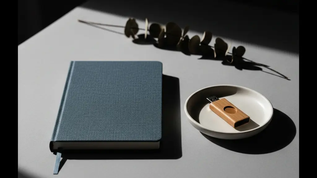 Composition symbolique d'un carnet fermé posé à côté d'une petite clé USB en bois sur un bureau épuré, évoquant le choix entre outils analogiques et numériques au travail.
