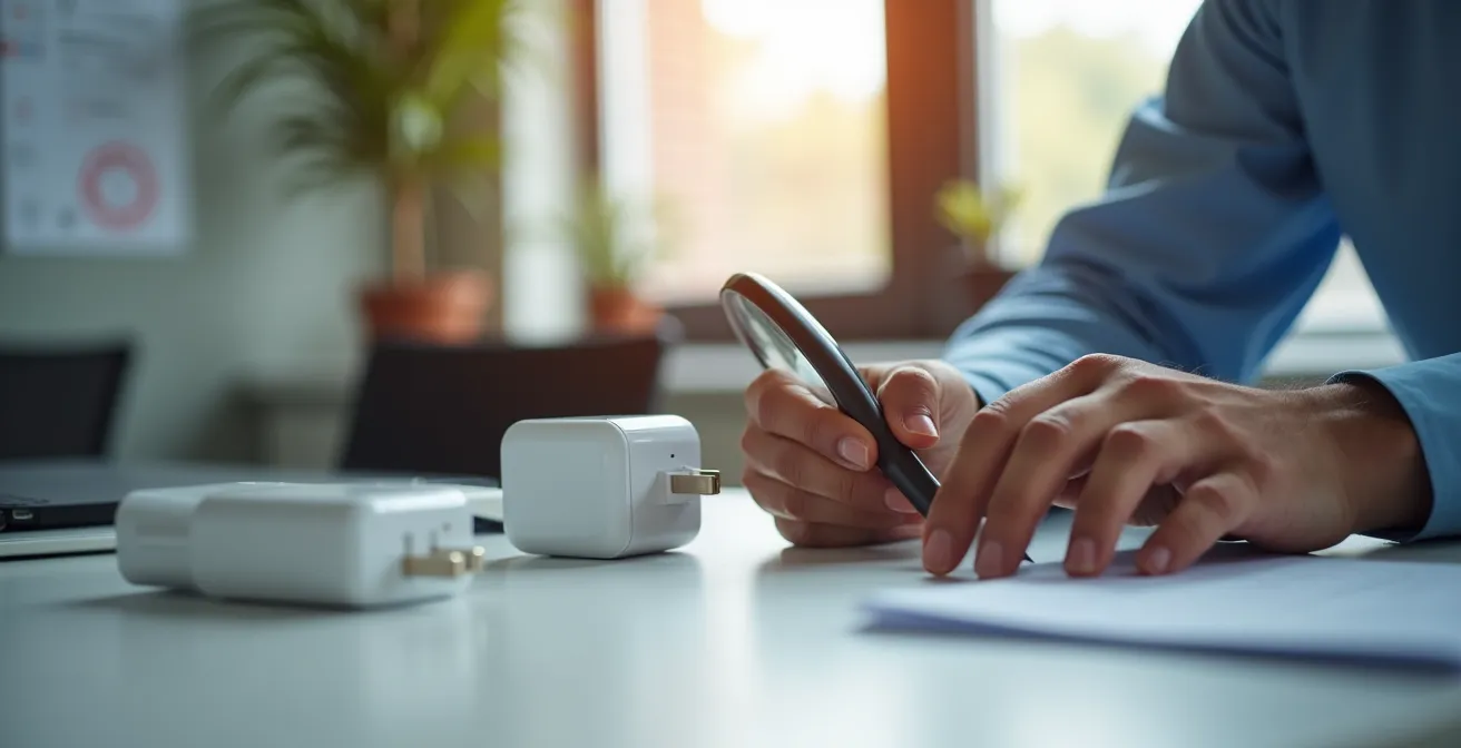 Bureau professionnel avec documents de certification et chargeurs USB-C en cours d'inspection