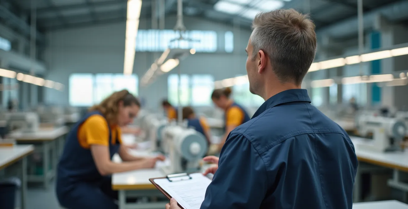 Inspecteur avec tablette vérifiant les conditions de travail dans un atelier de fabrication textile lumineux