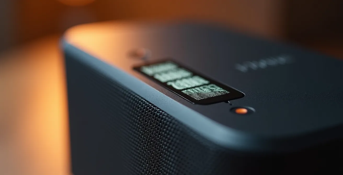 Enceinte Bluetooth moderne avec indicateur de batterie LED visible en situation d'usage réel