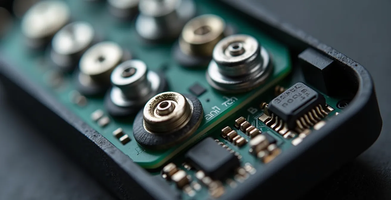 Vue macro d'une batterie externe ouverte montrant les vis et composants modulaires