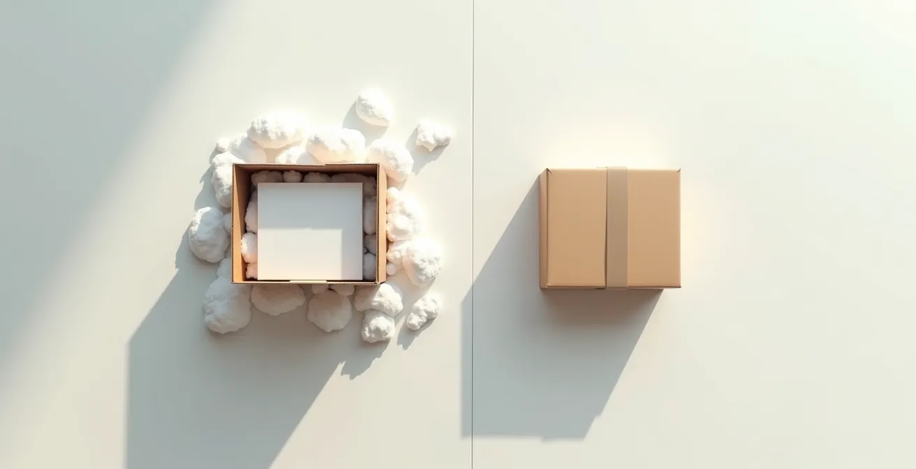 Comparaison visuelle entre une boîte trop grande avec calage et une boîte parfaitement ajustée