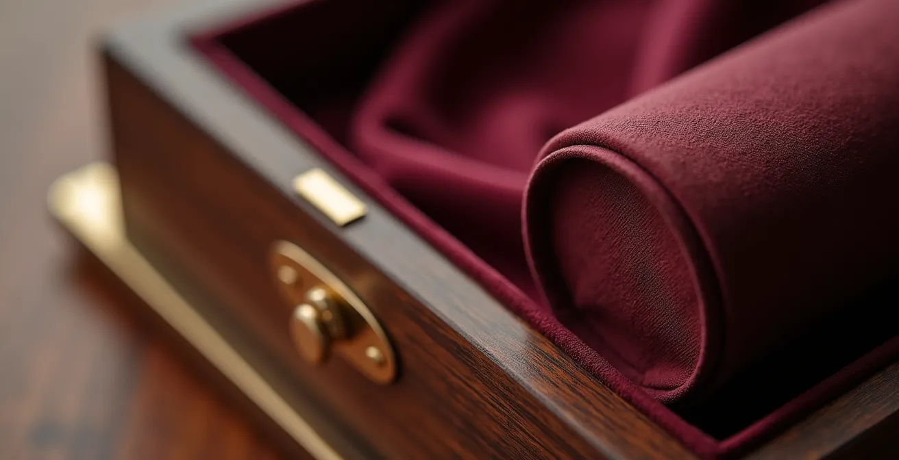 Détail macro d'un coffret cadeau d'affaires haut de gamme avec textures luxueuses