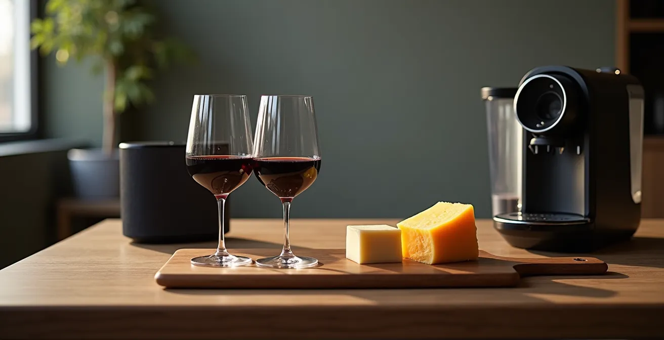 Table de direction avec plateau de dégustation et objets technologiques haut de gamme symbolisant le choix entre cadeau gastronomique et technologique.