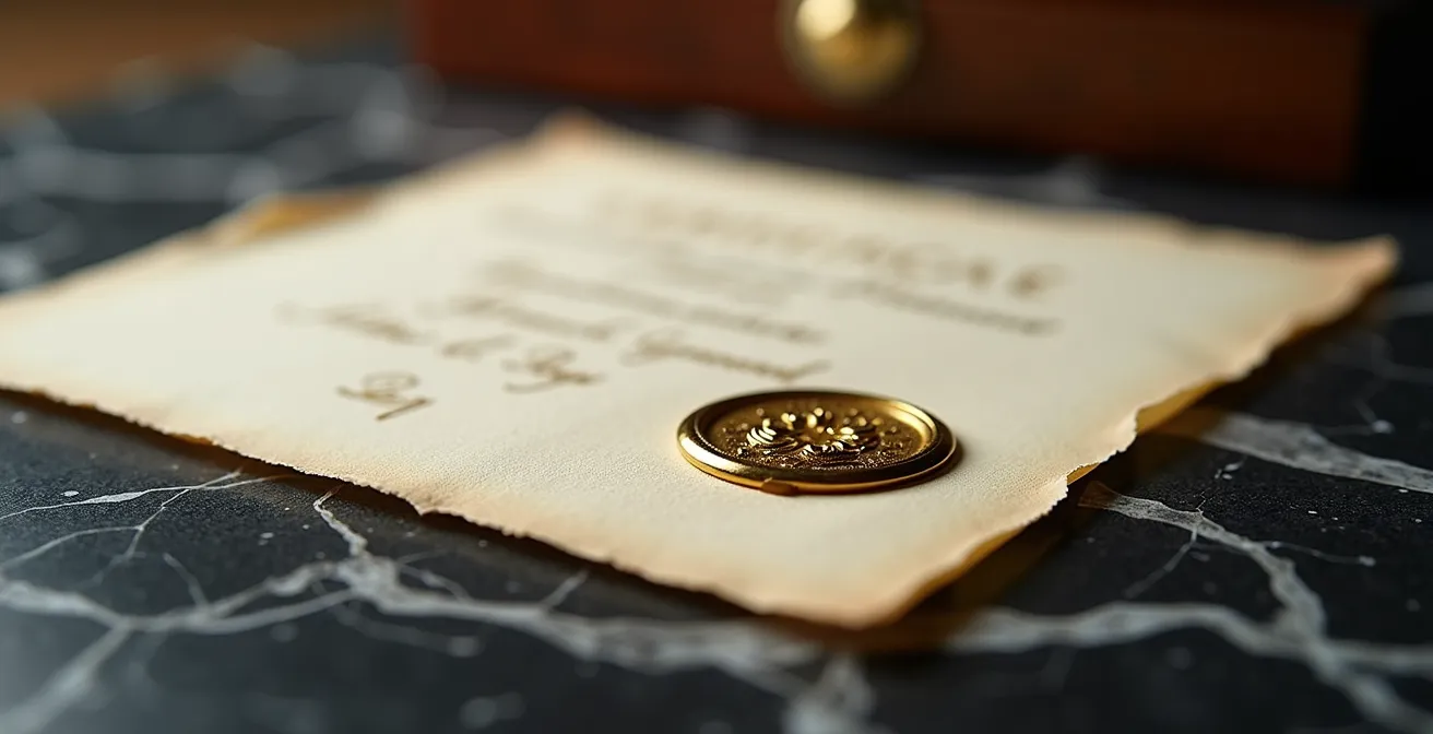 Certificat d'authenticité élégant posé sur une surface en marbre avec éclairage sophistiqué