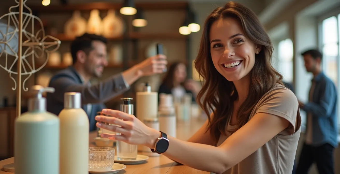 Client interagissant avec un présentoir de comptoir transformé en spot photo