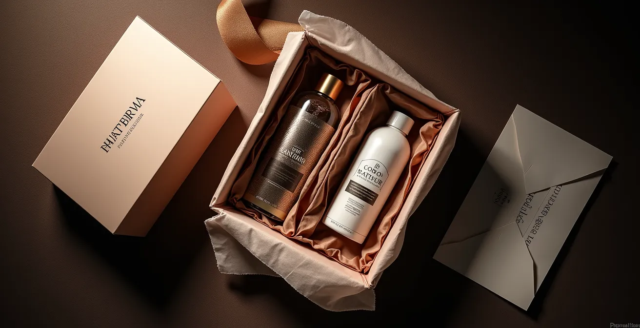 Vue aérienne d'un coffret cadeau ouvert révélant plusieurs compartiments et couches