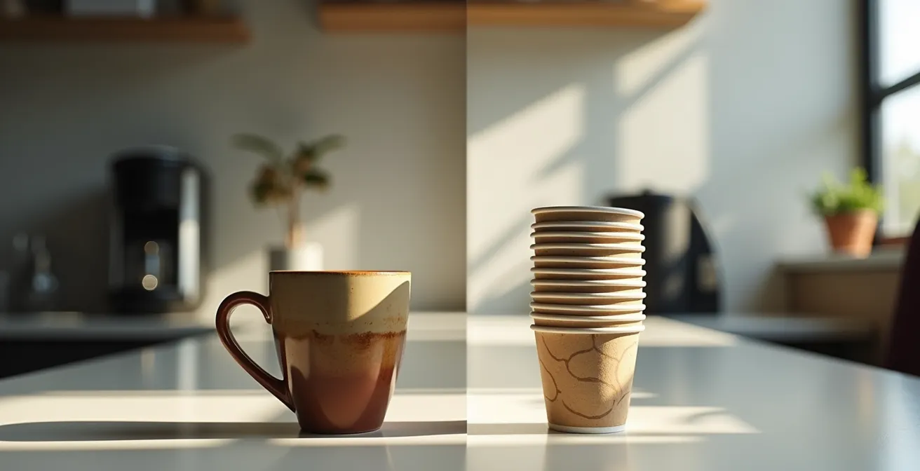 Comparaison visuelle entre une tasse en céramique artisanale et des gobelets jetables empilés