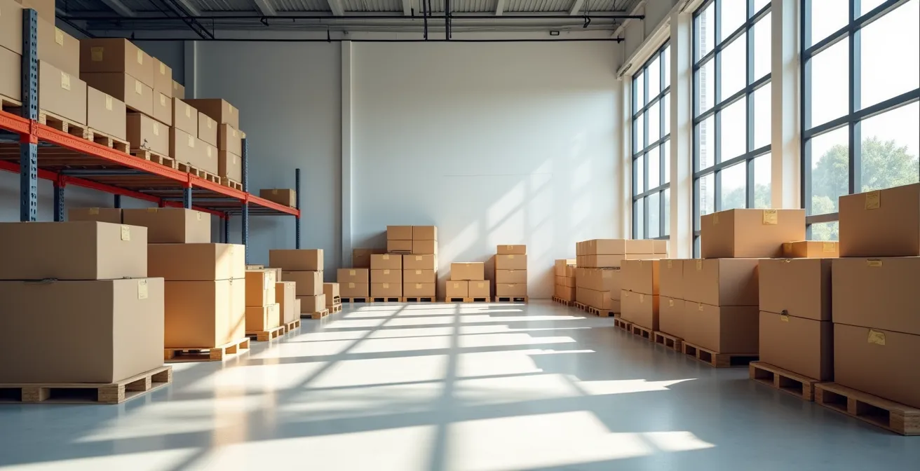 Vue d'ensemble d'un espace de préparation de commandes moderne et épuré avec système de tri automatisé