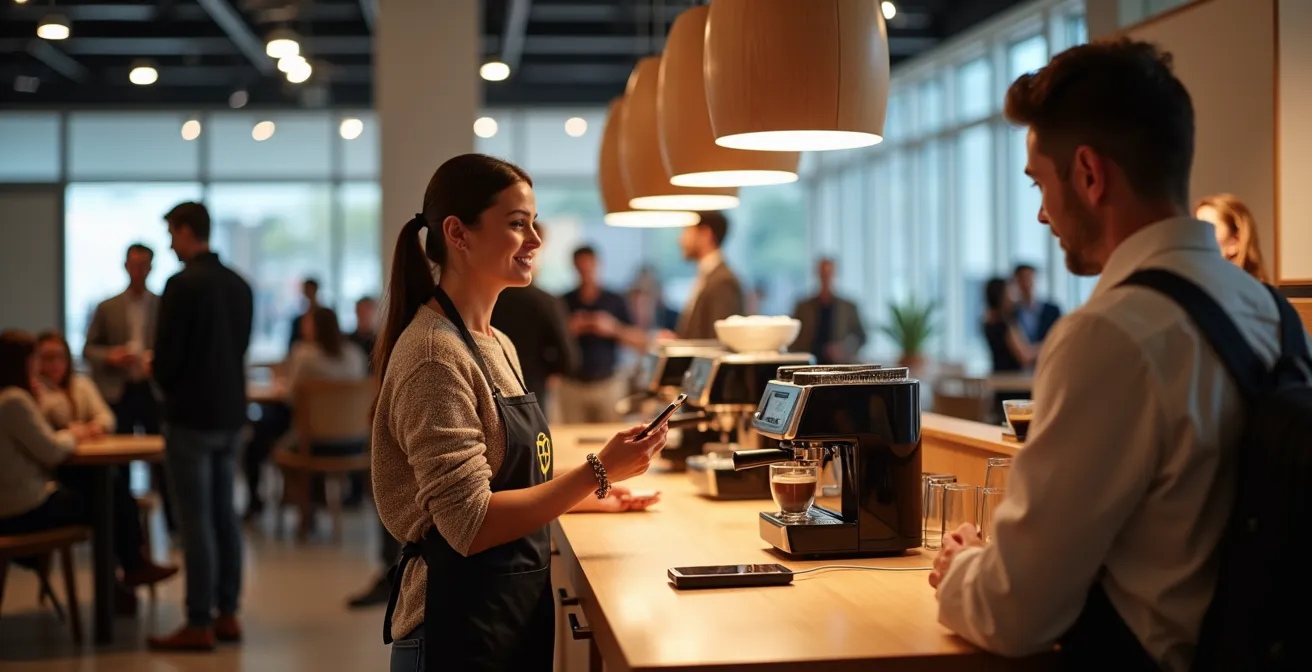 Espace café moderne dans un salon professionnel avec station de recharge et ambiance accueillante