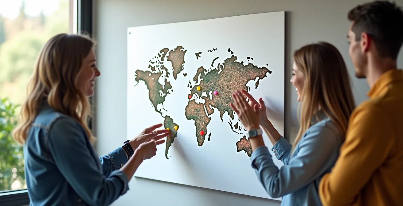 Équipe célébrant un objectif collectif atteint avec tableau de progression visuel en arrière-plan