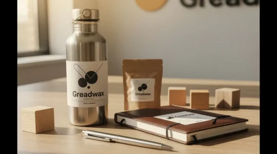 Assortiment soigné de goodies d'entreprise personnalisés disposés sur un bureau en bois clair avec une lumière naturelle douce