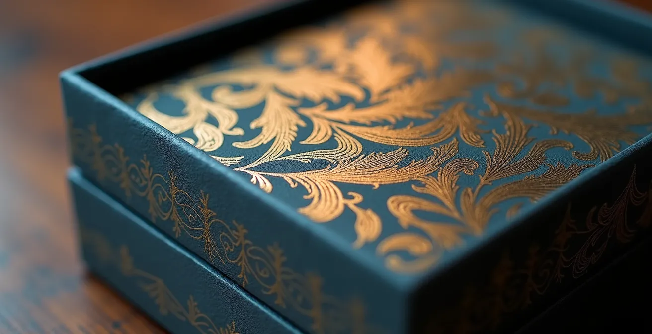 Vue macro de l'intérieur d'un coffret avec impression artistique et textures raffinées