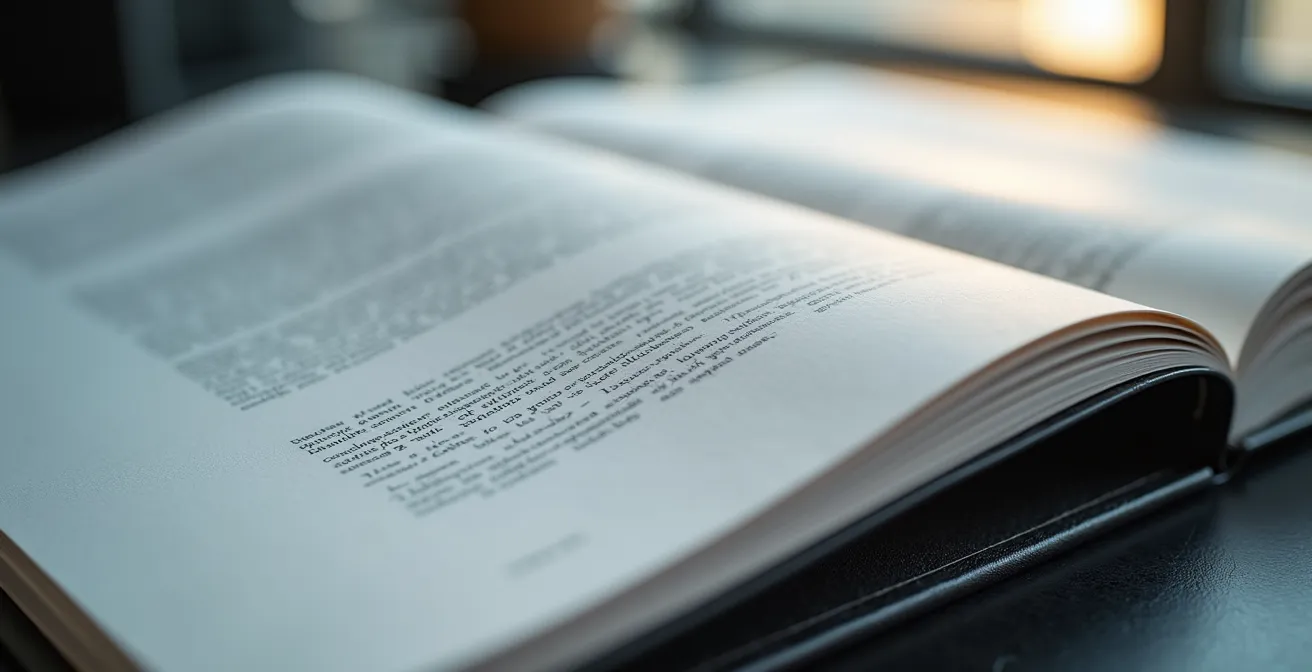 Livre blanc imprimé de qualité posé sur un bureau professionnel créant un effet de possession