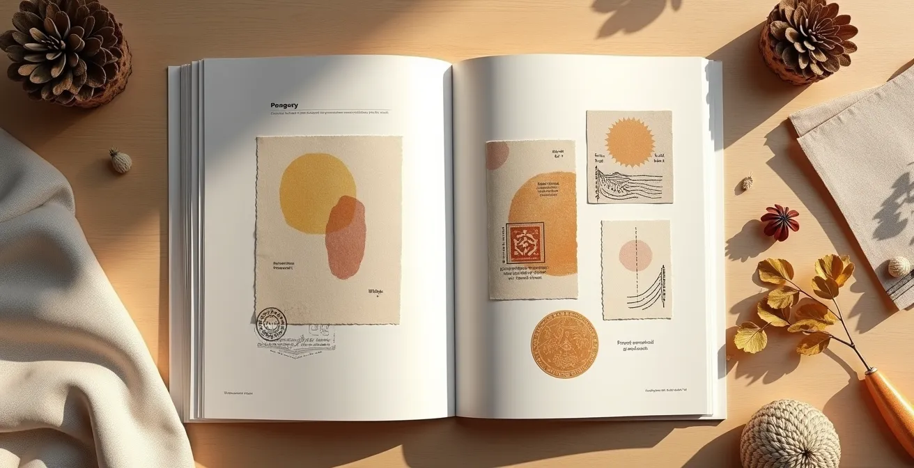 Livret ouvert montrant des tampons et illustrations style passeport vintage avec textures de papier artisanal
