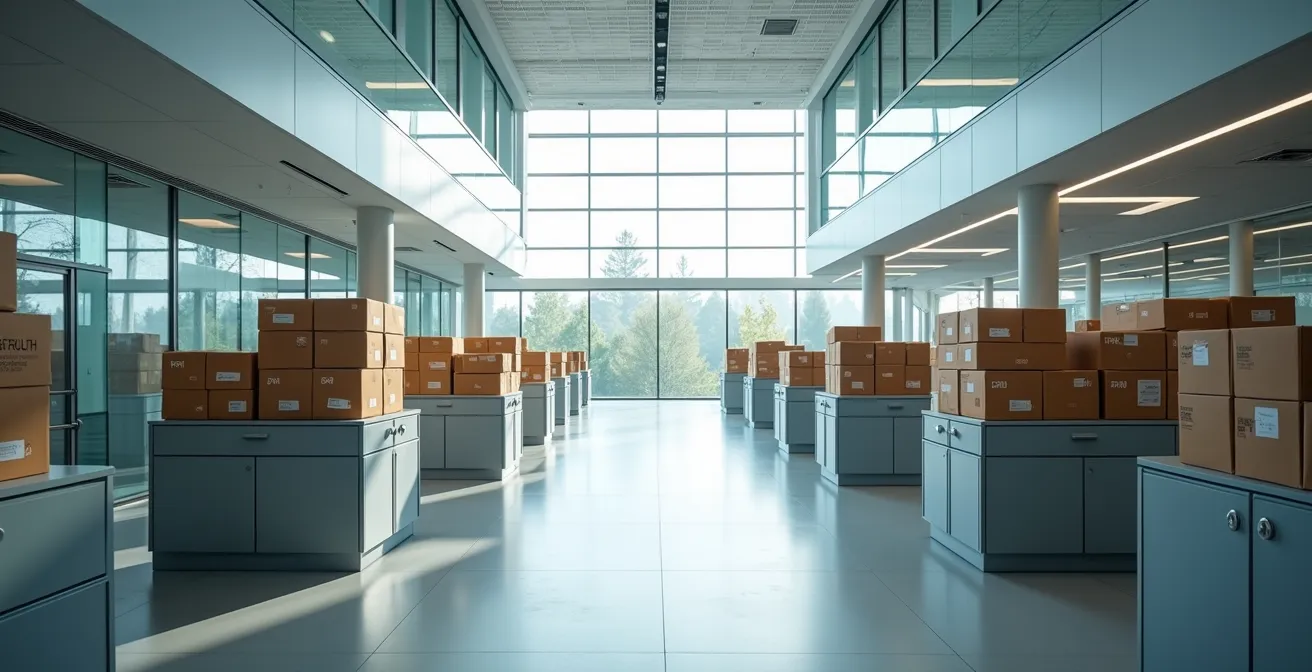 Vue aérienne d'un bureau moderne avec système de distribution de colis organisé