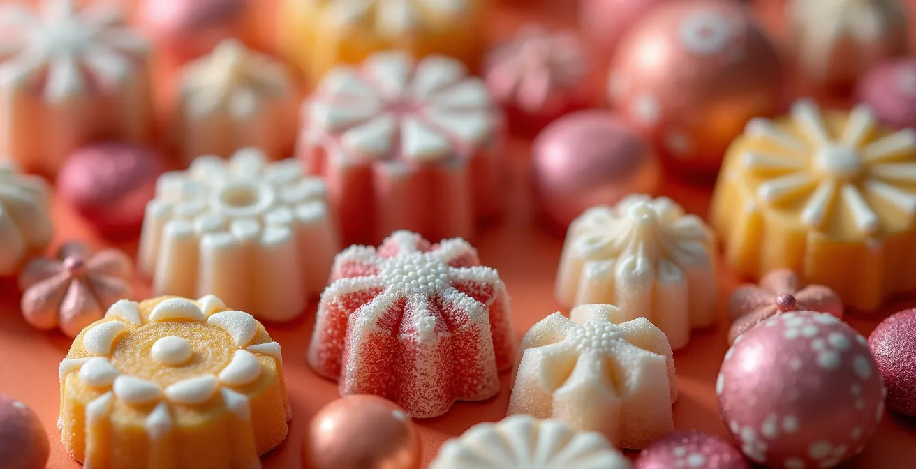 Photo macro d'une sélection de petites surprises colorées incluant bonbons artisanaux et stickers, avec profondeur de champ réduite