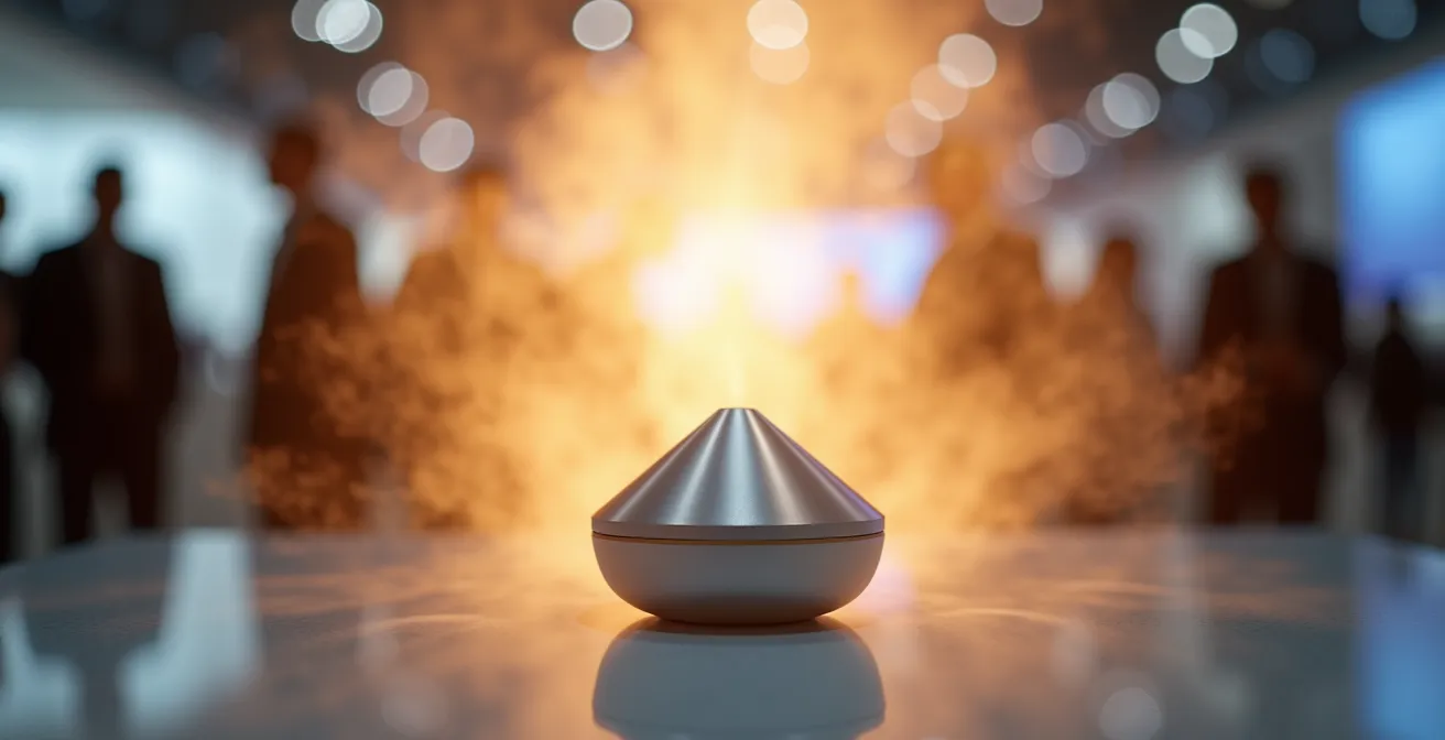 Diffuseur de parfum créant une piste olfactive invisible dans les allées d'un salon professionnel