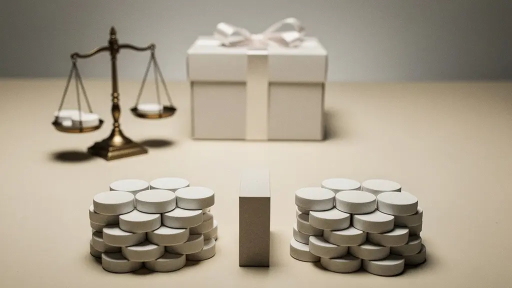 Deux groupes d’objets identiques séparés sur une table avec une balance et un coffret cadeau neutre en arrière-plan, sans texte.