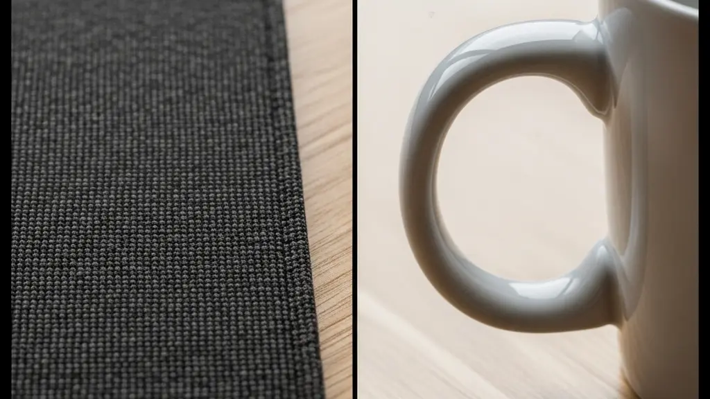 Gros plan macro sur la surface texturée d'un tapis de souris et l'anse d'un mug en céramique, illustrant les matières et la durabilité des objets publicitaires de bureau.