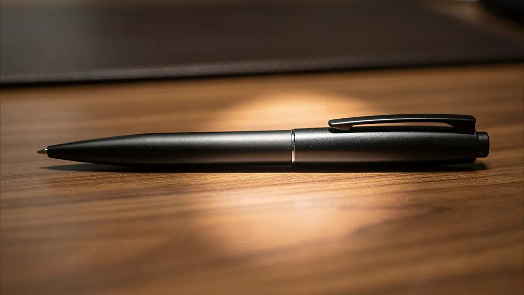 Gros plan macro sur un stylo métallique premium posé sur une surface en bois texturée avec un éclairage dramatique