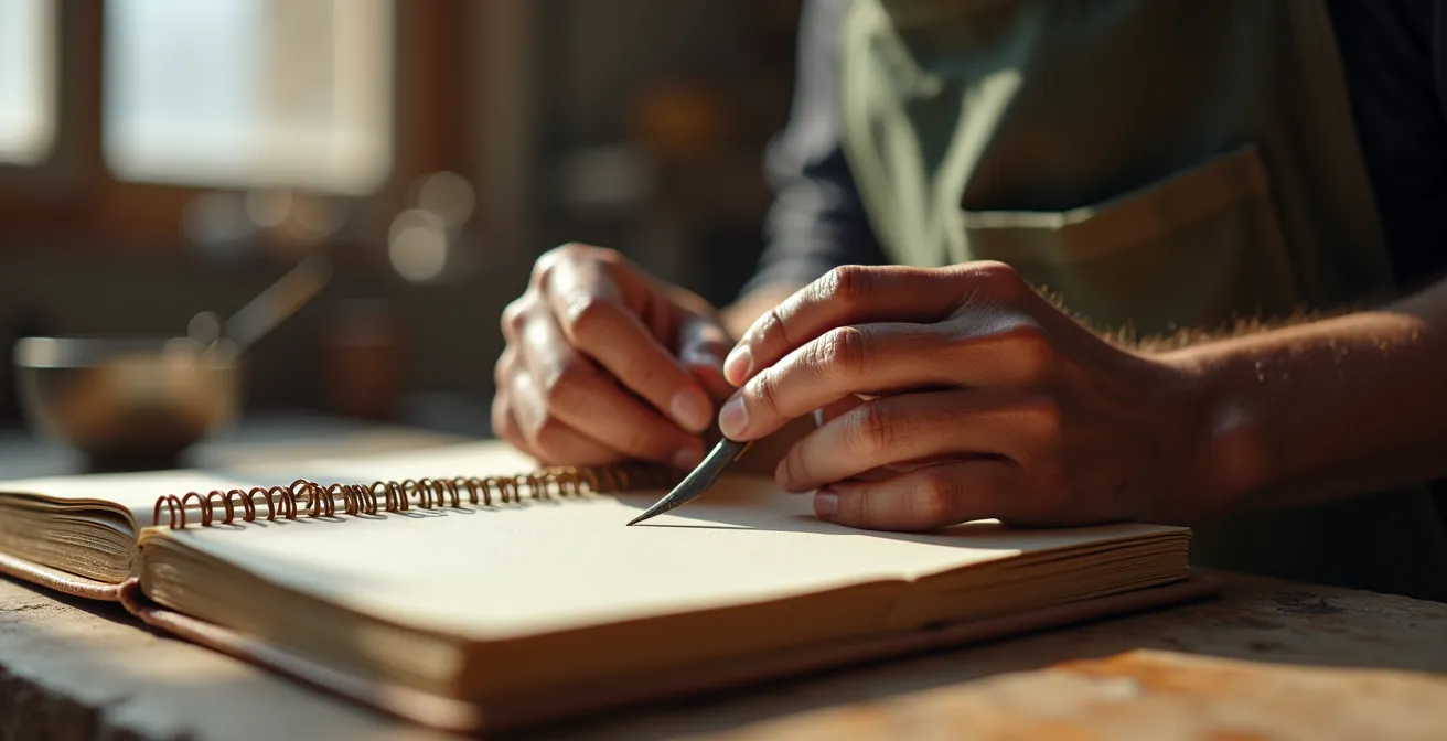 Mains d'artisan travaillant sur un carnet relié à la main dans un atelier lumineux