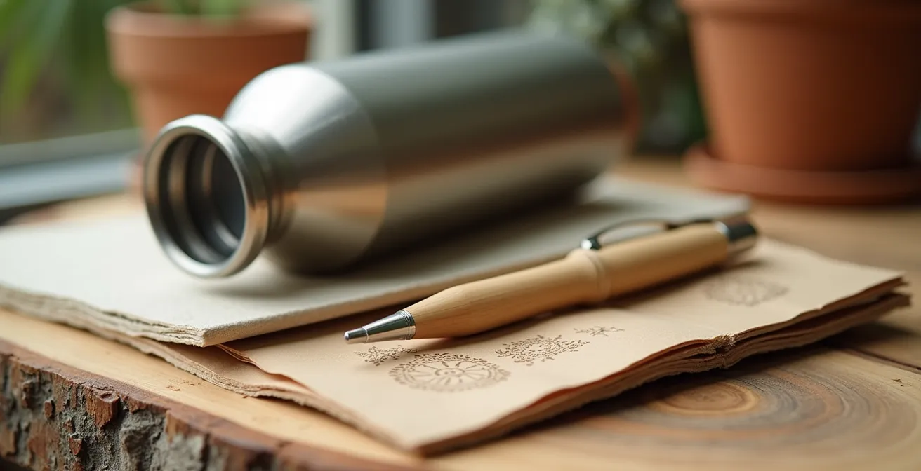 Gourde en inox et carnet recyclé posés sur une surface en bois naturel