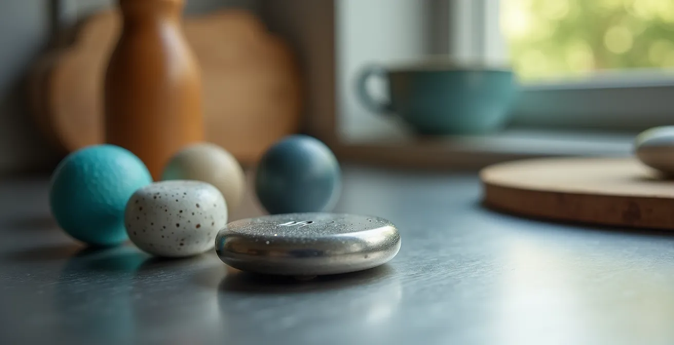 Magnets utilitaires et ouvre-bouteilles design disposés sur une surface de cuisine moderne