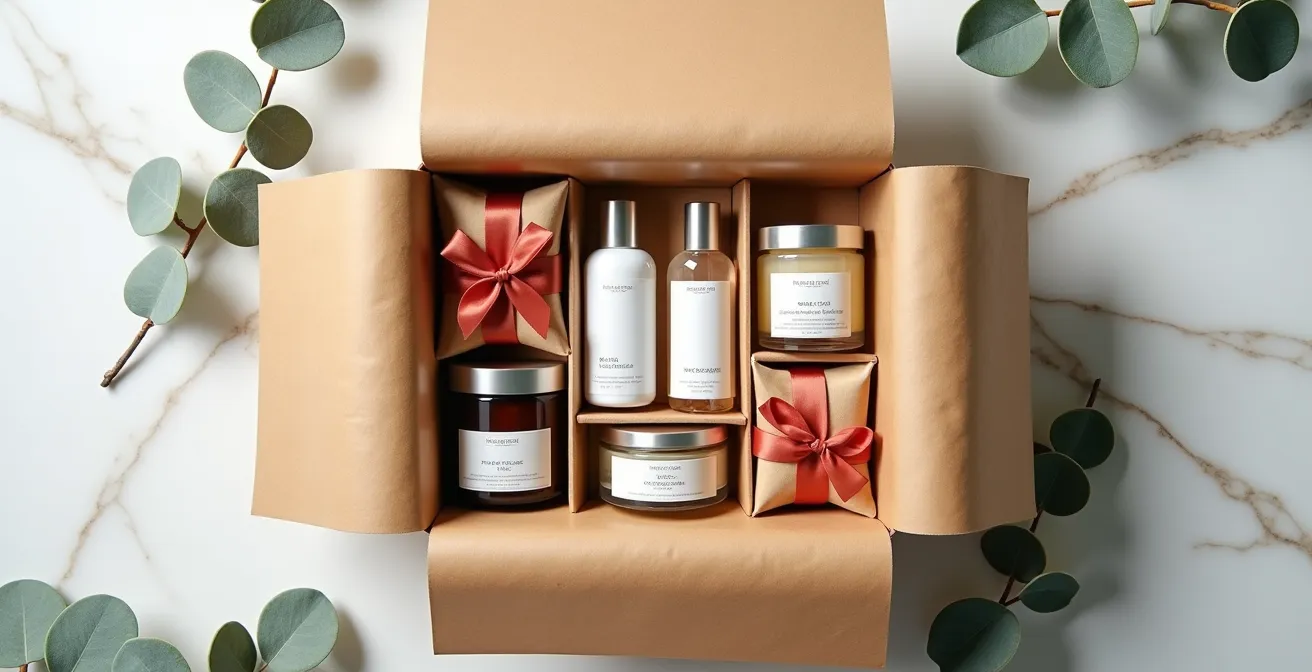 Vue aérienne d'un coffret ouvert montrant un agencement harmonieux de produits et calages