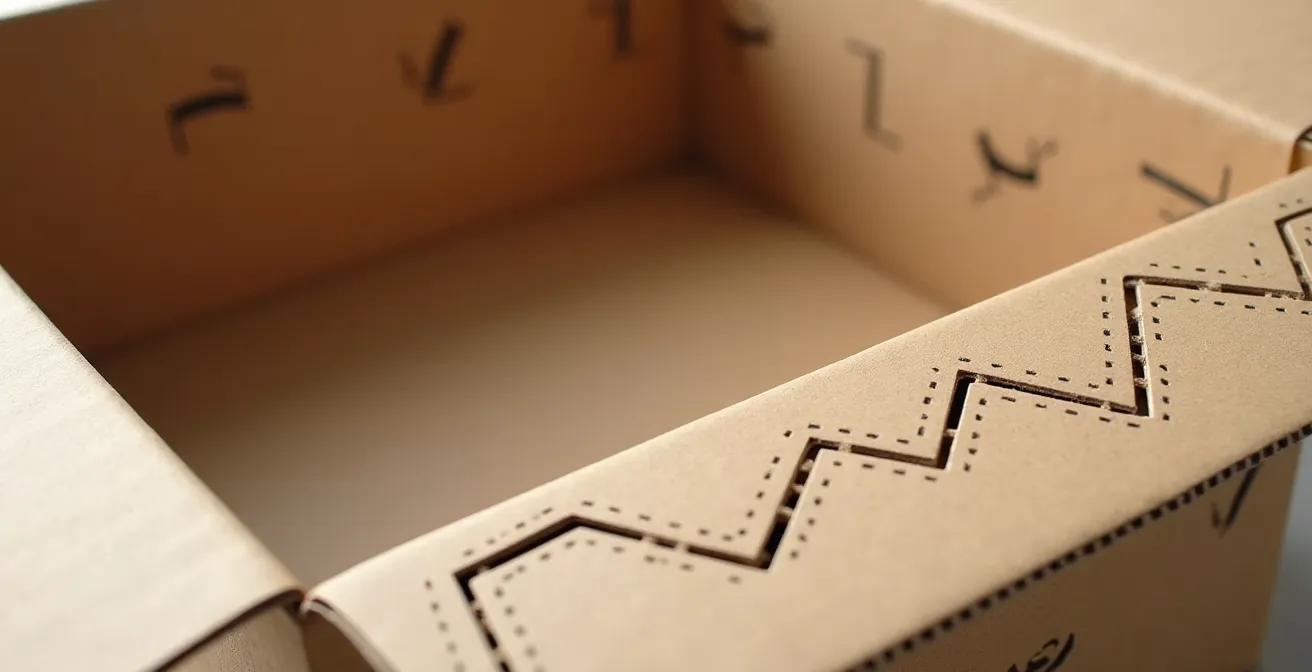 Intérieur de boîte en carton avec lignes de découpe pointillées formant un patron de jeu