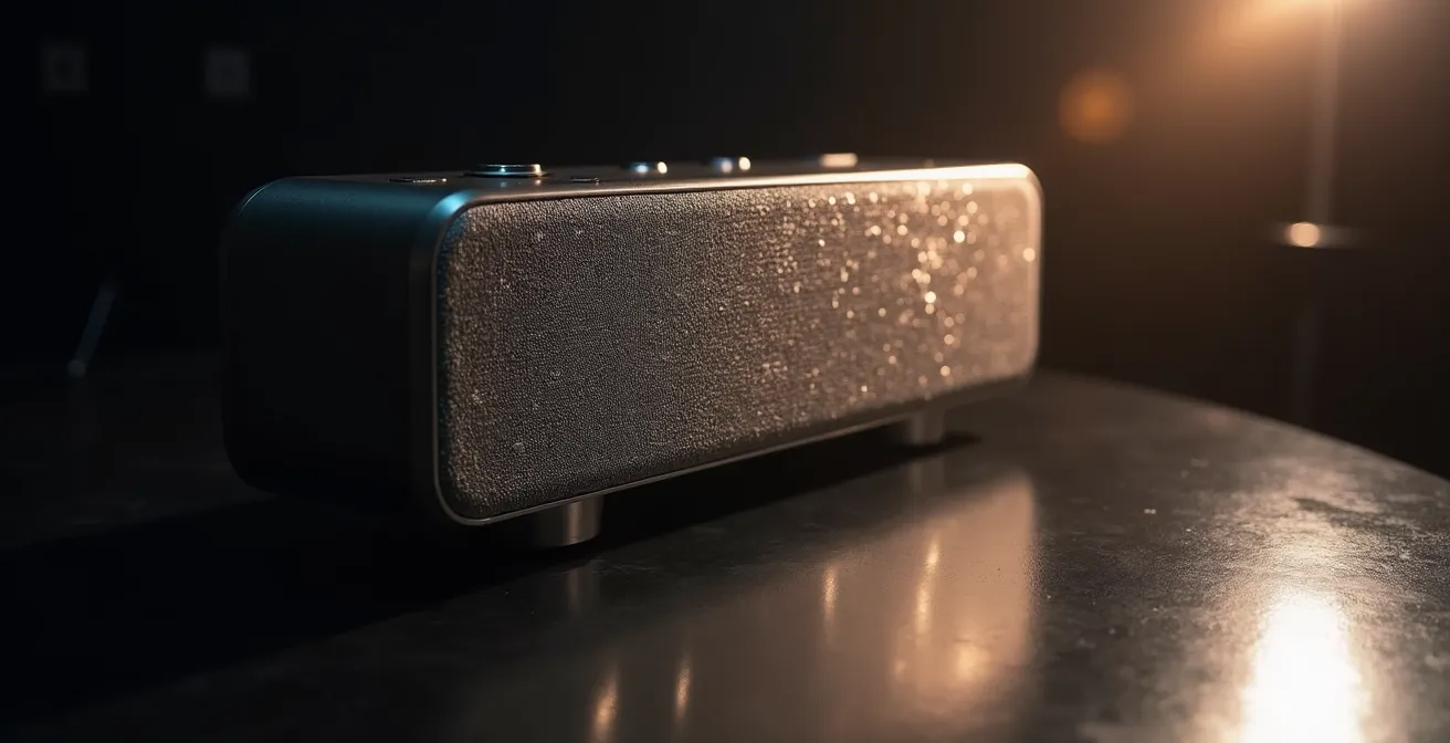 Détail de gravure élégante sur enceinte Bluetooth haut de gamme