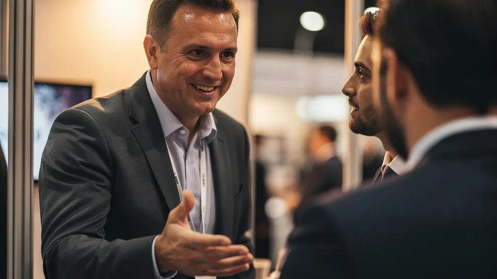Commercial engagé dans une démonstration active sur un stand de salon professionnel, entouré de visiteurs attentifs