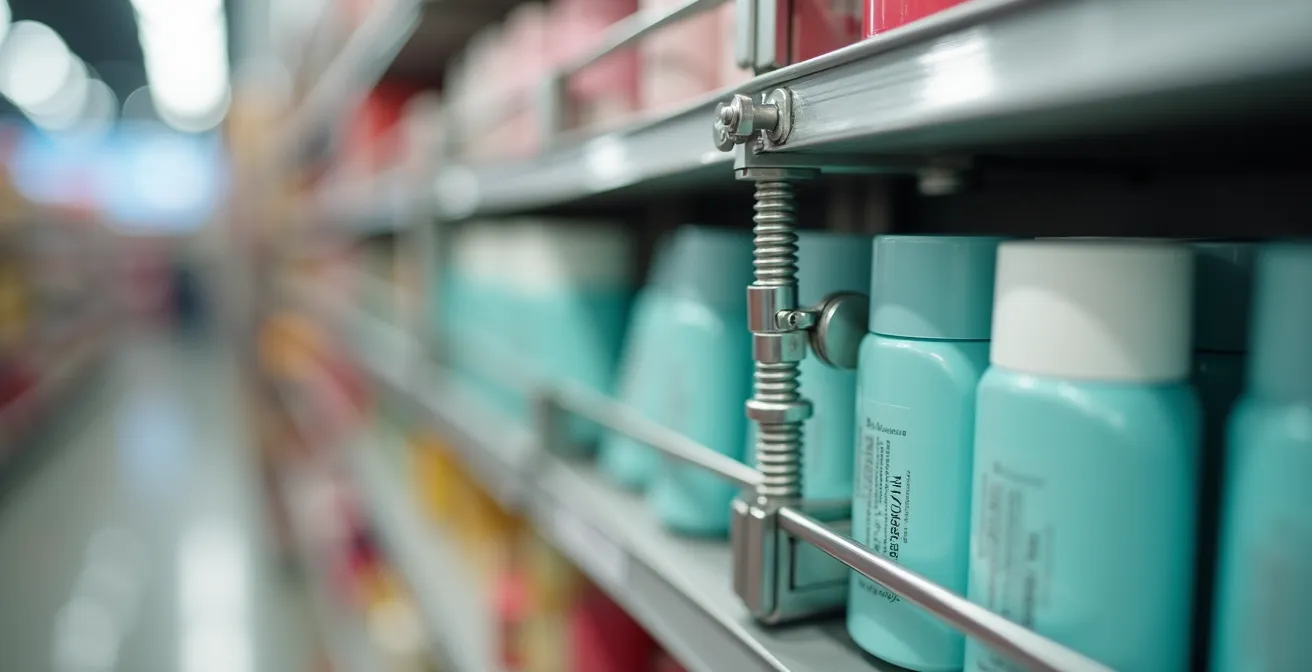 Système de poussoirs automatiques sur présentoir maintenant les produits en avant