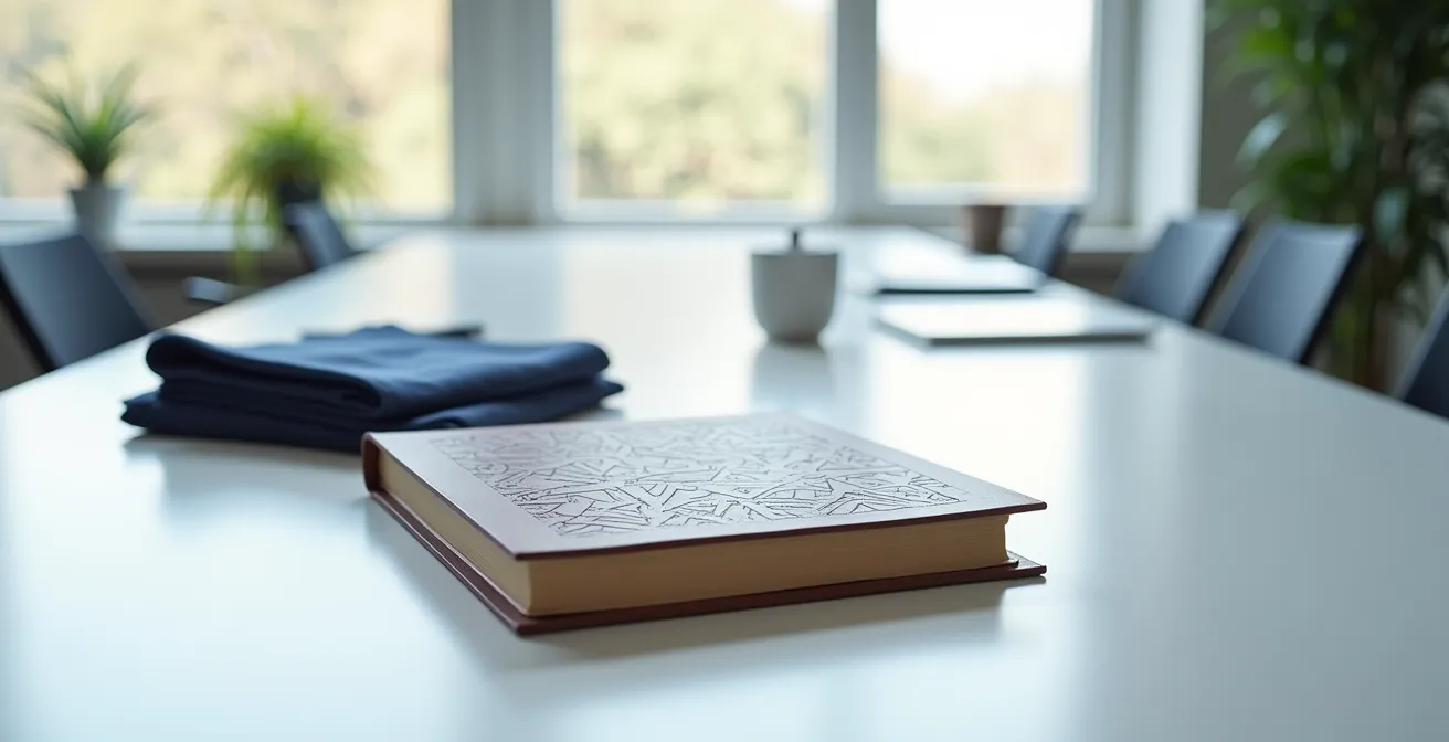 Vue en plongée d'un bureau avec un registre ouvert montrant des colonnes de suivi et des vêtements pliés à côté