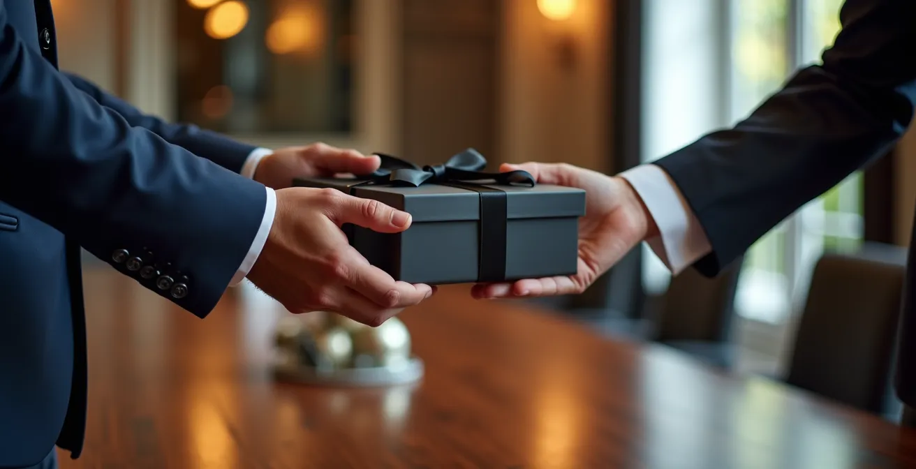 Mains élégantes échangeant une boîte cadeau prestigieuse dans un environnement professionnel raffiné