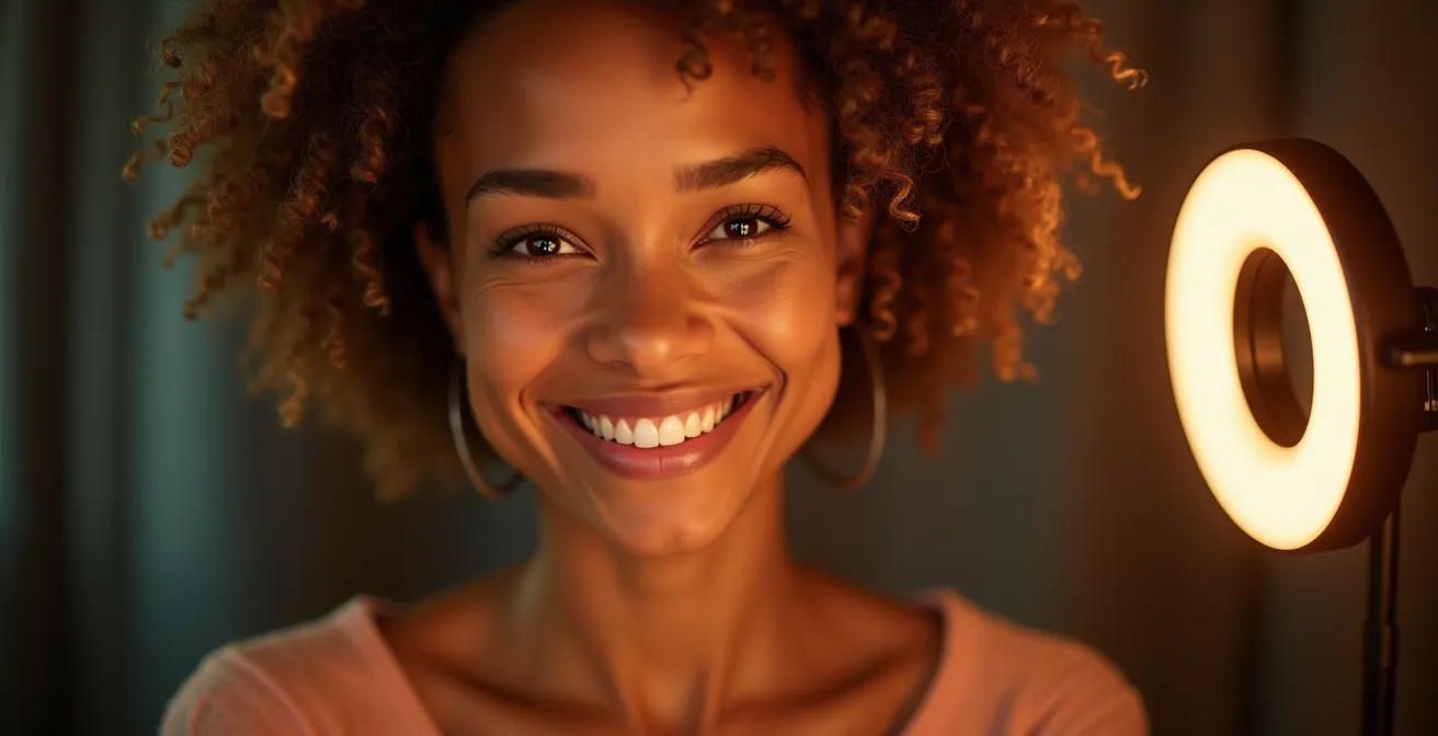 Gros plan sur un anneau lumineux professionnel éclairant le visage d'une créatrice de contenu