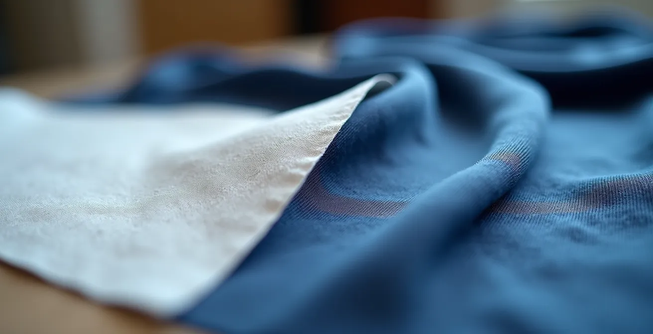 Gros plan sur un stabilisateur de broderie blanc posé sous un tissu jersey extensible bleu marine