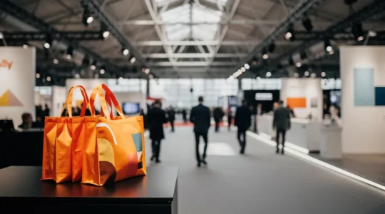 Stand de salon professionnel anime avec visiteurs engages autour d'une interaction commerciale dynamique