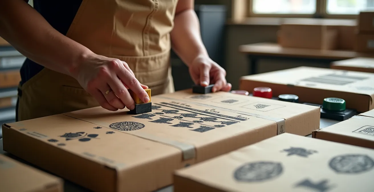 Station de tamponnage avec plusieurs tampons créant des motifs uniques sur cartons d'expédition