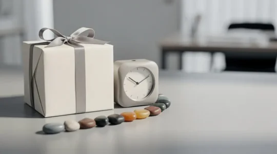 Coffret cadeau neutre posé sur une table de bureau avec des repères visuels suggérant un timing et une séquence, sans aucun texte ni écran.