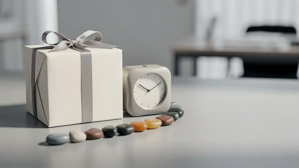 Coffret cadeau neutre posé sur une table de bureau avec des repères visuels suggérant un timing et une séquence, sans aucun texte ni écran.