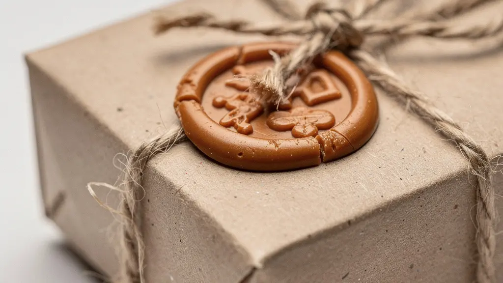 Gros plan texturé d’un emballage cadeau neutre avec un détail artisanal (sceau abstrait), sans aucune lettre ni étiquette.