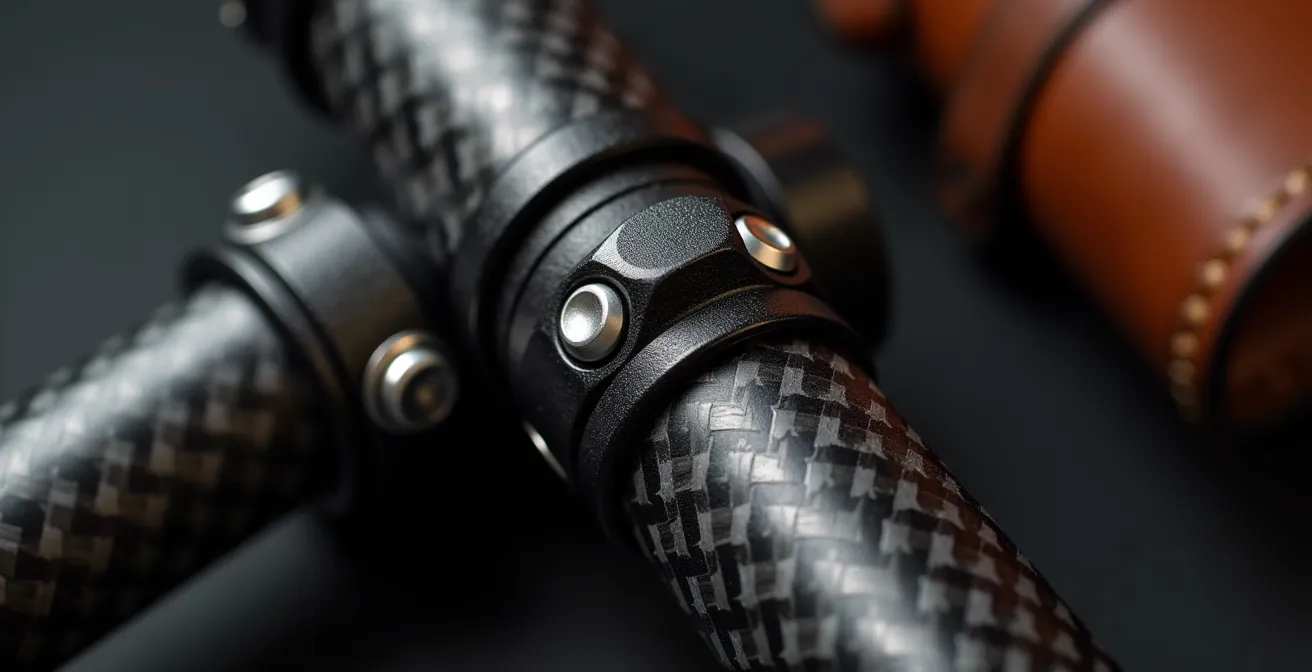 Trépied ultra-compact en fibre de carbone posé à côté d'un sac à main ouvert