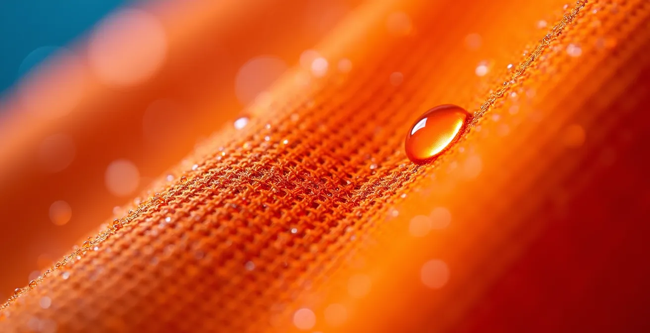 Tissu technique respirant haute visibilité en macro montrant la structure des fibres