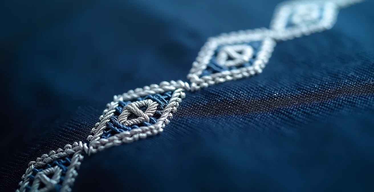 Composition photographique montrant des vêtements professionnels avec marquage visuel abstrait suggérant un logo d'entreprise