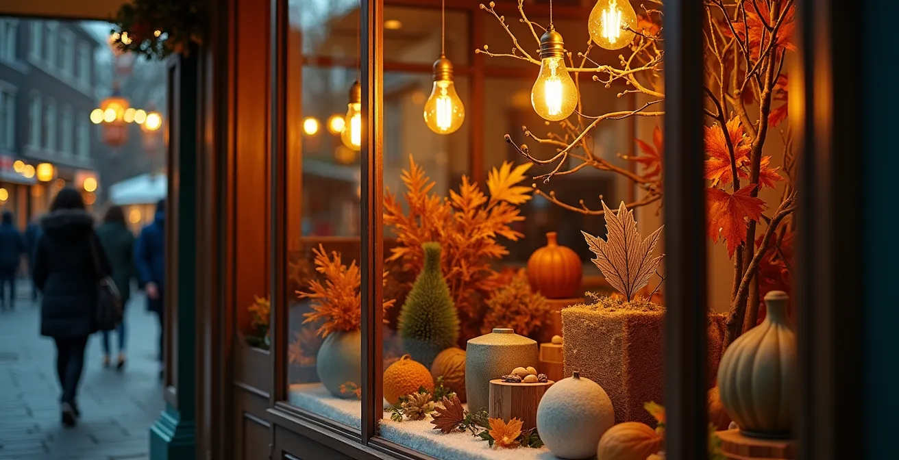 Vitrine de commerce local avec mise en scène évolutive et éléments décoratifs saisonniers