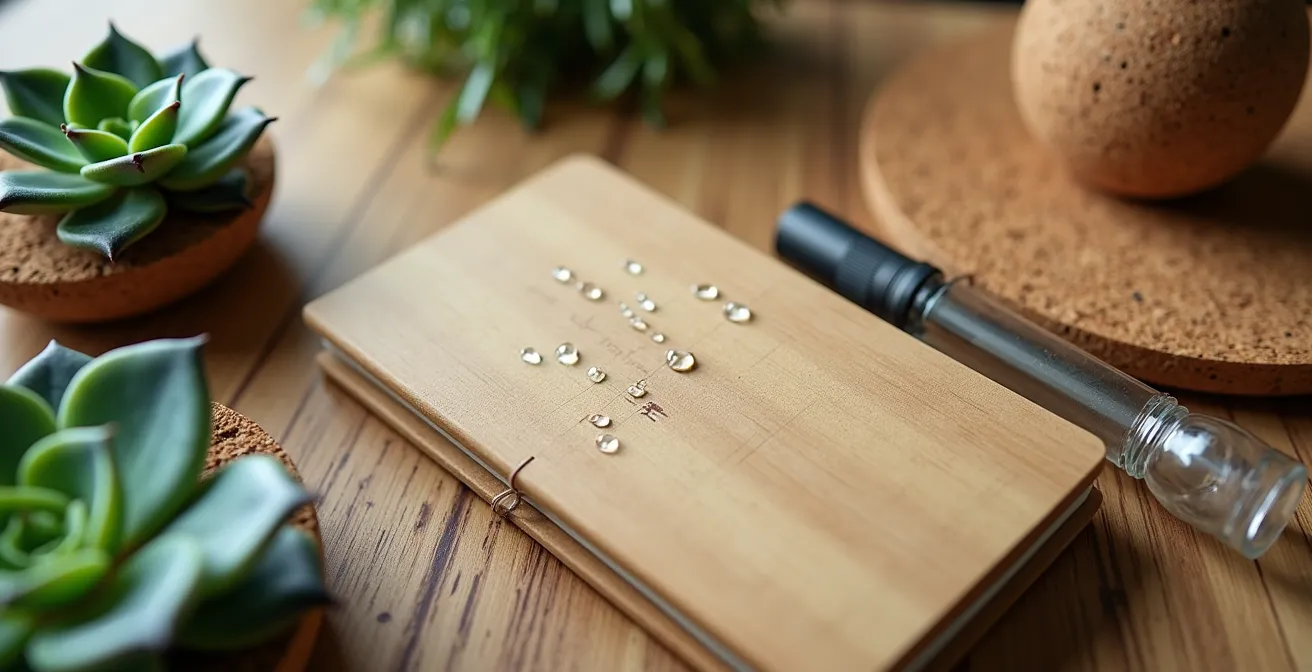 Kit d'accueil écologique disposé sur un bureau avec gourde, plante et accessoires bien-être