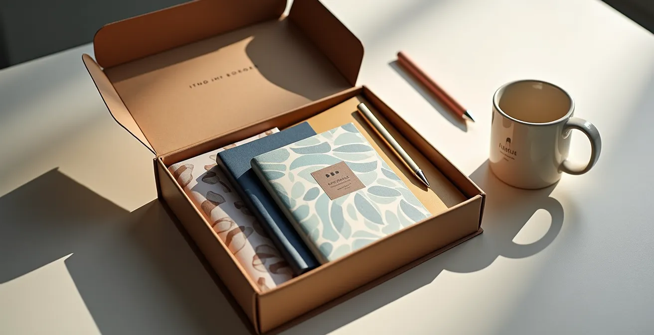 Welcome pack élégant avec objets de bienvenue disposés harmonieusement