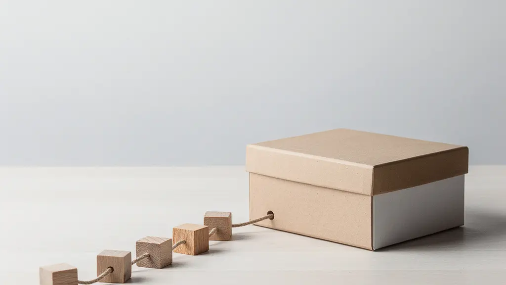 Chaîne d’objets symbolisant une automatisation menant à un colis cadeau neutre, dans un bureau minimaliste, sans texte ni écrans.